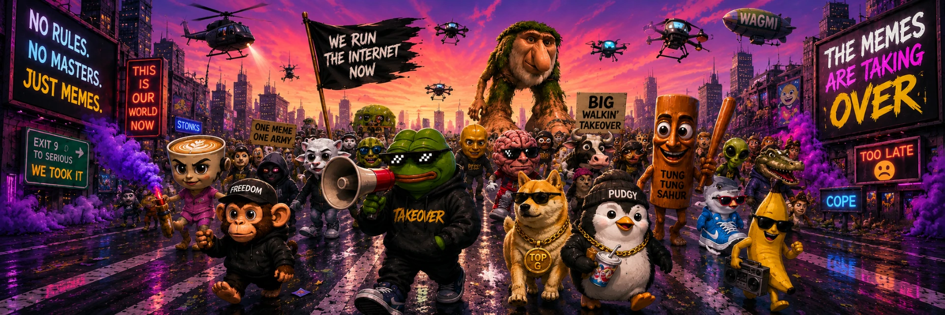 Crowd of meme characters marching through a neon city during the TAKEOVER